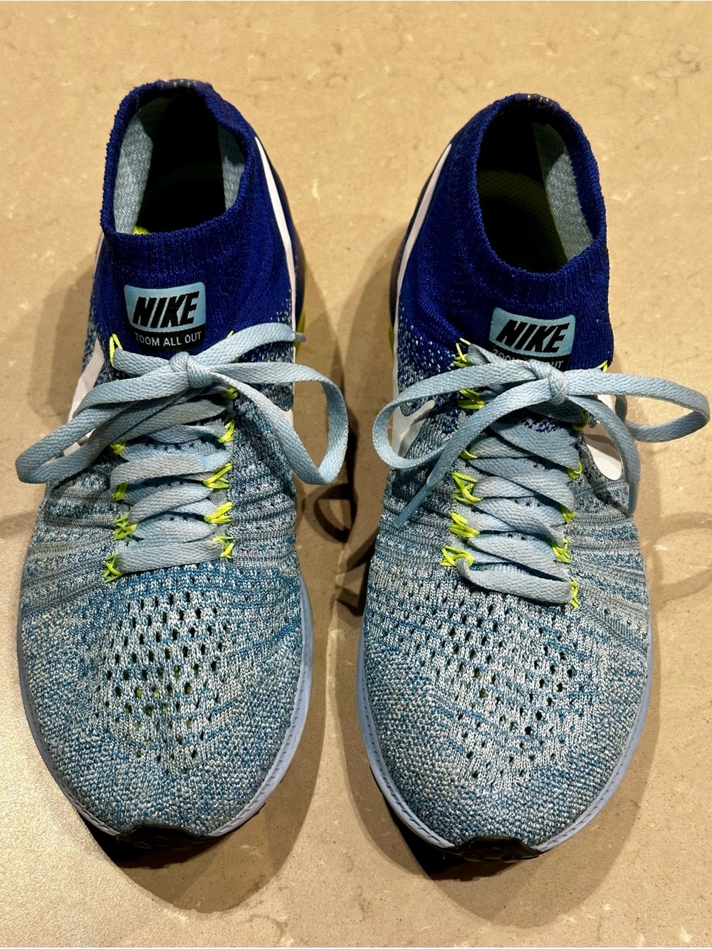 Nike Zoom All Out Flyknit Running Shoes Sneakers Blue Navy Lime Volt Womens 7.5